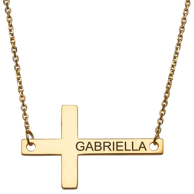 14K Gold over Sterling Engraved Name Cross Necklace sold by Limoges Jewelry
