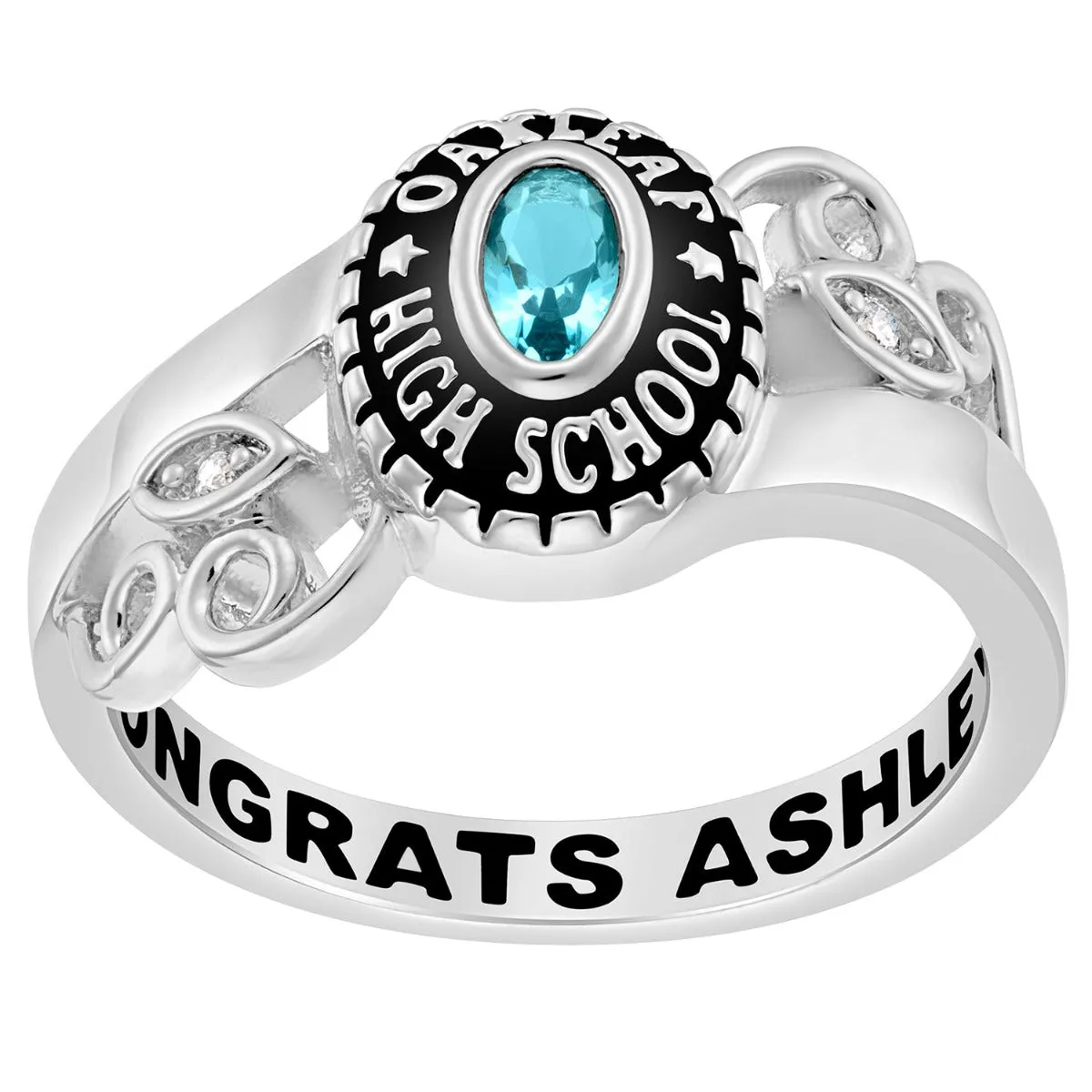 Ladies Sterling Silver Traditional Oval Stone & Diamond Swirl Class Ring sold by Limoges Jewelry