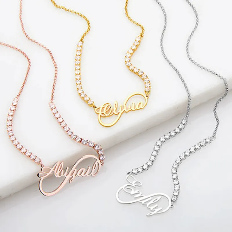 Infinity Script Name Plaque CZ Chain Necklace sold by Limoges Jewelry
