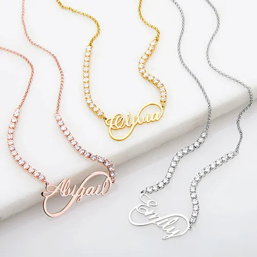 Infinity Script Name Plaque CZ Chain Necklace sold by Limoges Jewelry