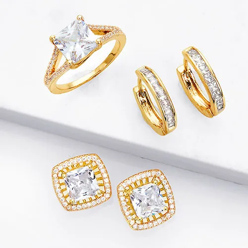 Goldtone CZ Halo Stud Earrings, Hoop and Ring Set sold by Limoges Jewelry