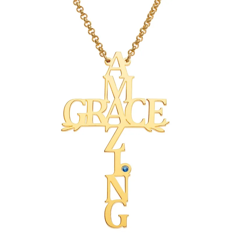 14K Gold Plated Amazing Grace Cross with Birthstone Necklace sold by Limoges Jewelry