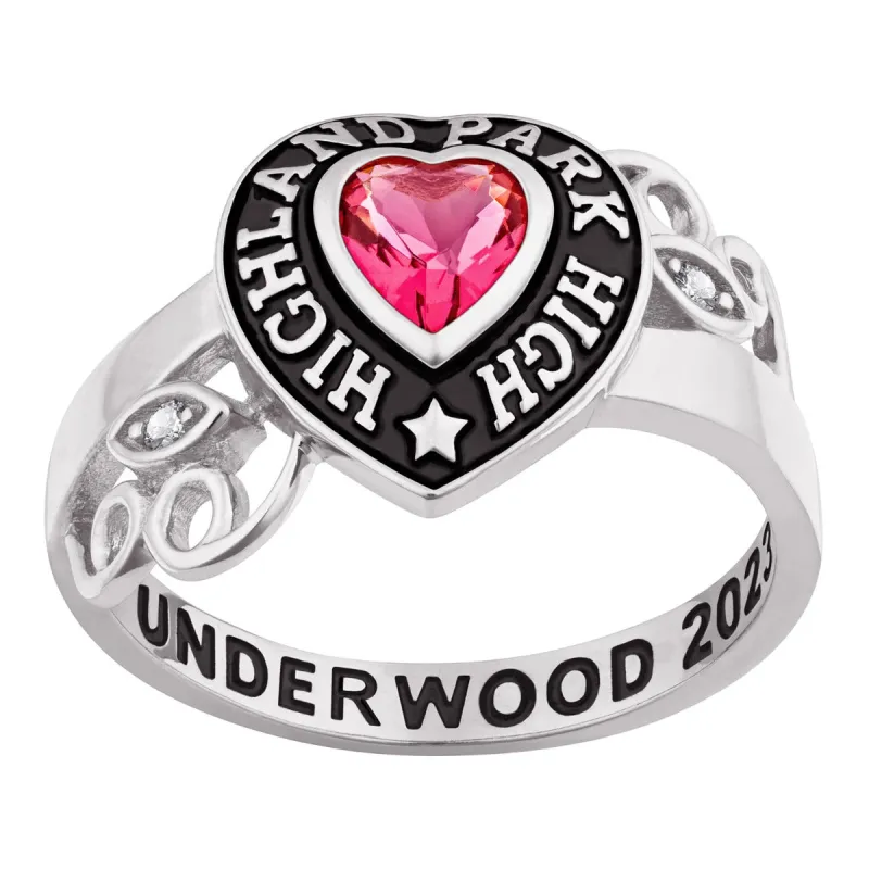 Ladies' Platinum Celebrium? Heart Stone and CZ Swirl Class Ring sold by Limoges Jewelry