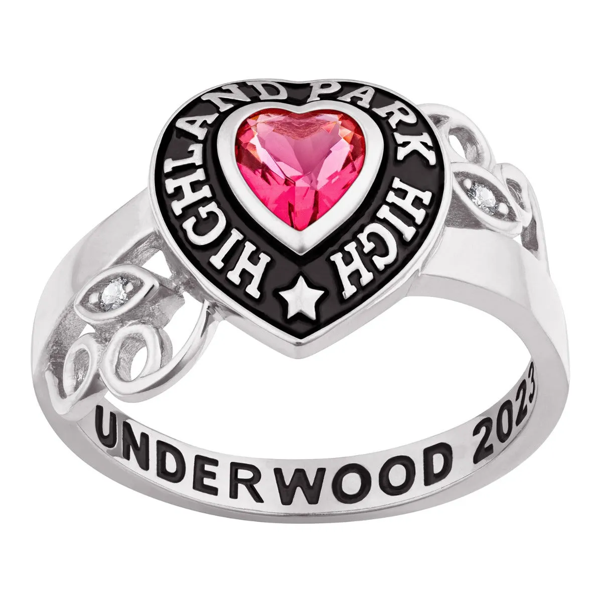 Ladies' Platinum Celebrium? Heart Stone and CZ Swirl Class Ring sold by Limoges Jewelry