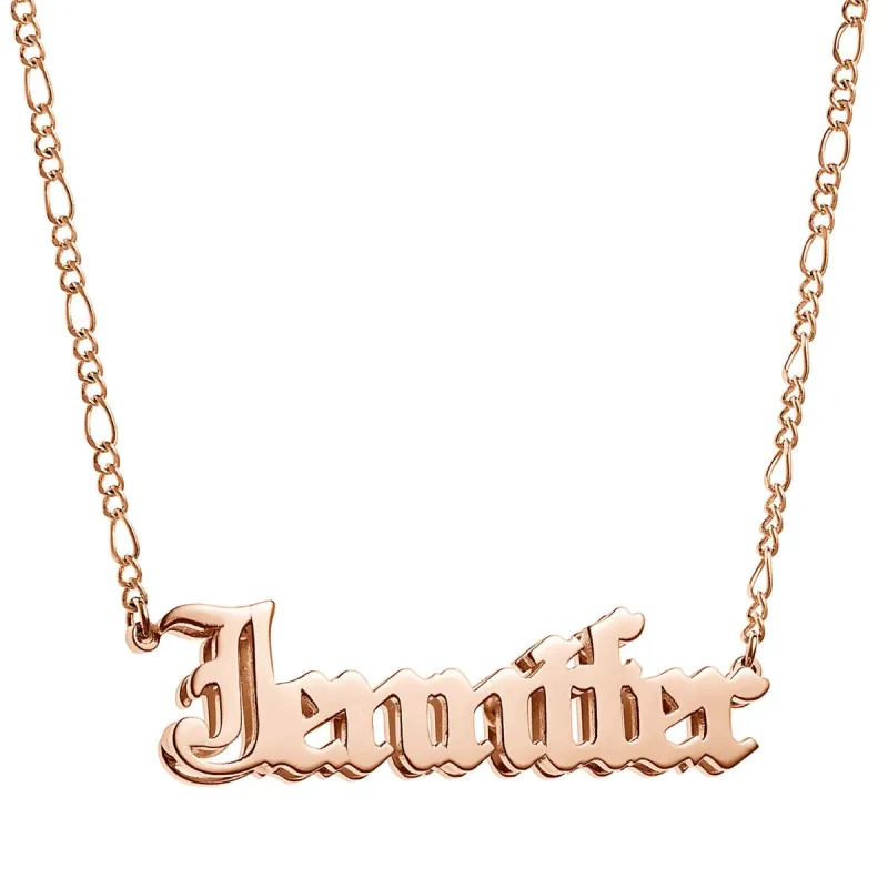 14K Rose Gold Plated 3-D Old English Name Plaque Necklace sold by Limoges Jewelry