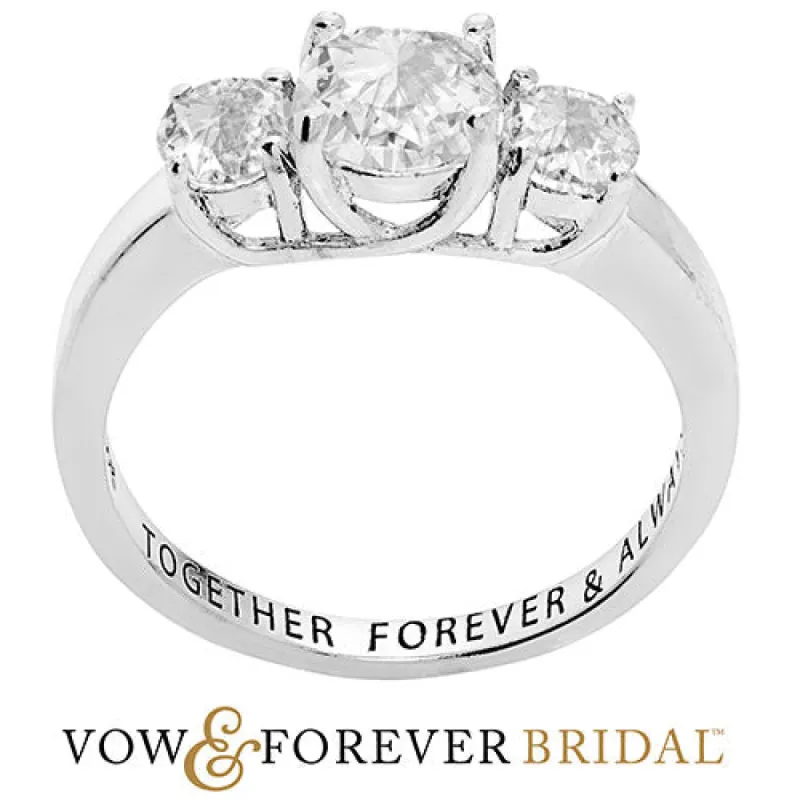 Platinum over Sterling Brilliant White Topaz Three Stone Engraved Wedding Ring sold by Limoges Jewelry
