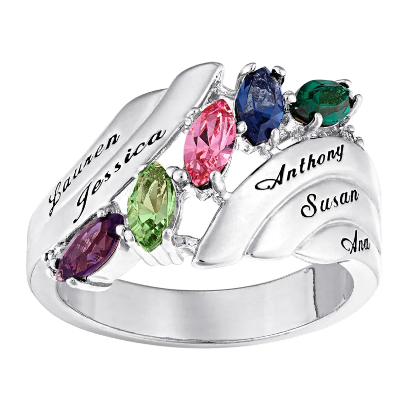 Silver Plated Family Marquise Birthstone Name Ring with Diamond Accent sold by Limoges Jewelry