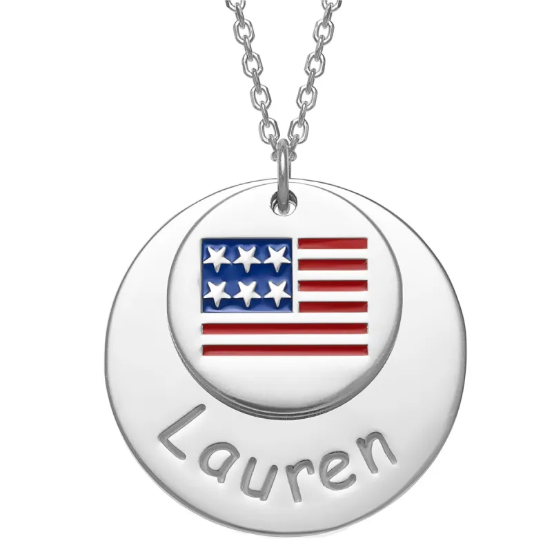 Patriotic Name with Enamel Flag Double Disc Necklace sold by Limoges Jewelry