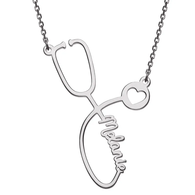 Sterling Silver Script Name Stethoscope with Heart Necklace sold by Limoges Jewelry