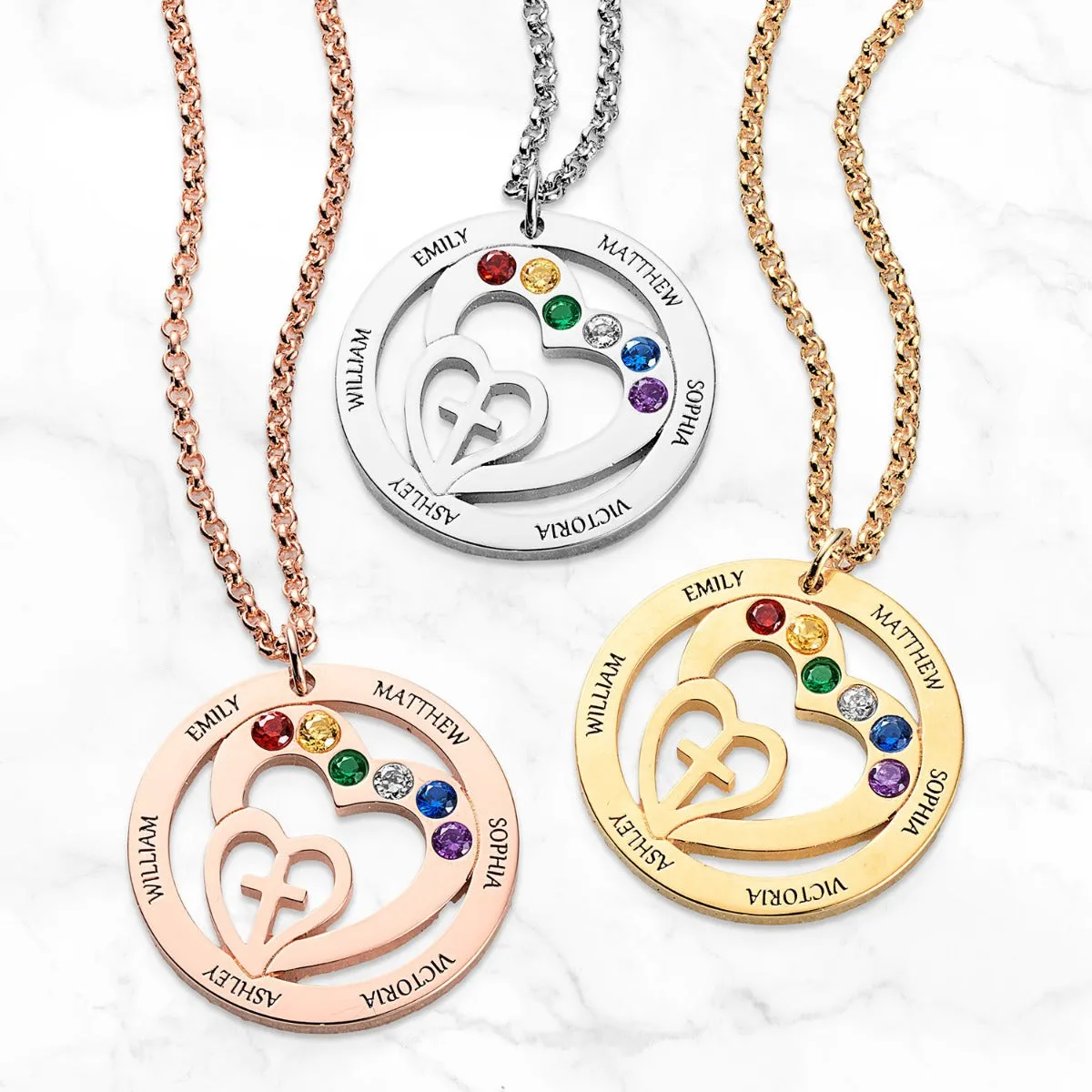 Personalized Engraved Name and Birthstone with Cross Heart Necklace sold by Limoges Jewelry