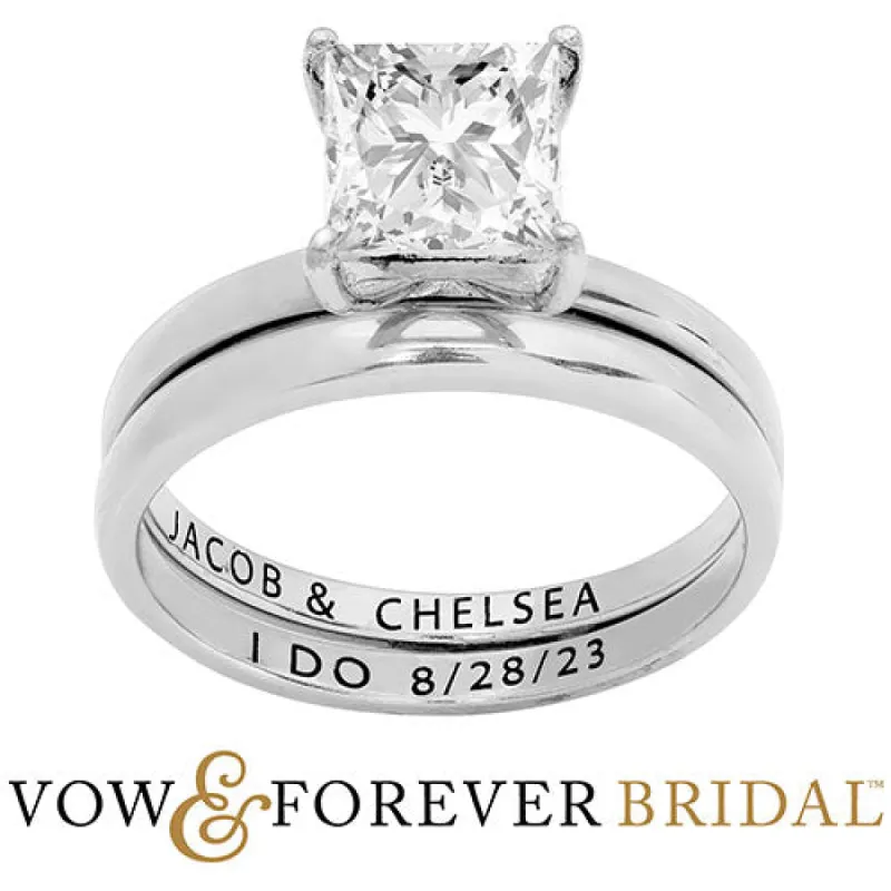 Platinum over Sterling  Square White Topaz 2-Piece Engraved Wedding Ring Set sold by Limoges Jewelry