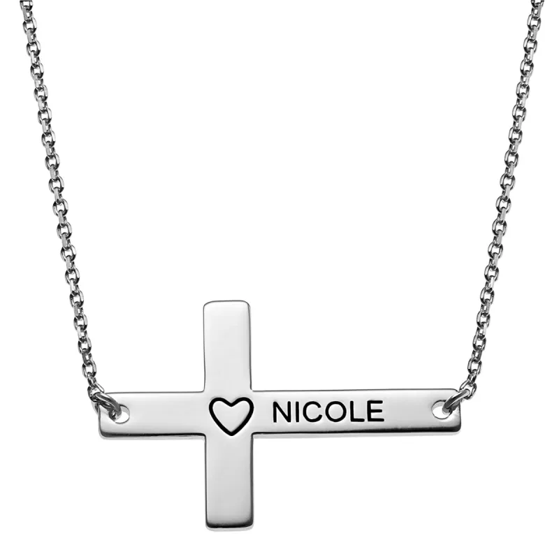 Sterling Silver Personalized Name Sideways Cross with Heart Necklace sold by Limoges Jewelry