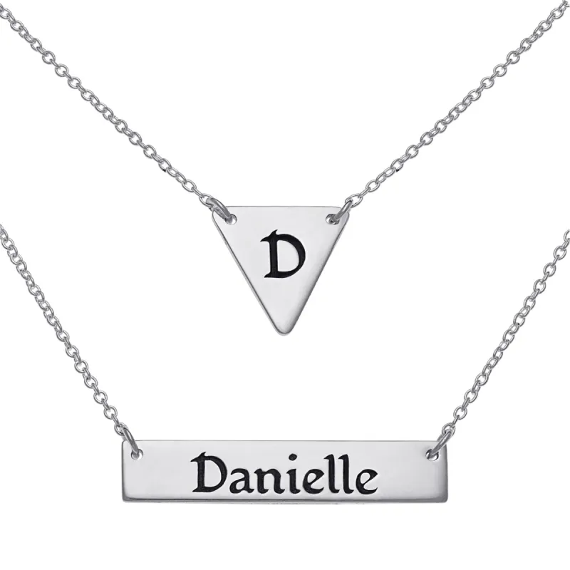 Sterling Silver Engraved Triangle and Bar Layered Necklace sold by Limoges Jewelry