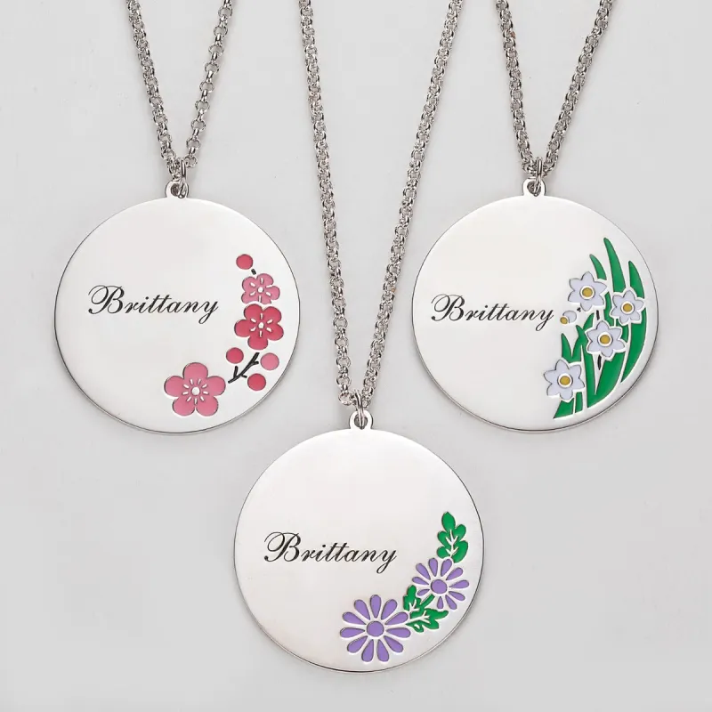 Silver Plated Engraved Name and Enamel Birth Flower Necklace sold by Limoges Jewelry