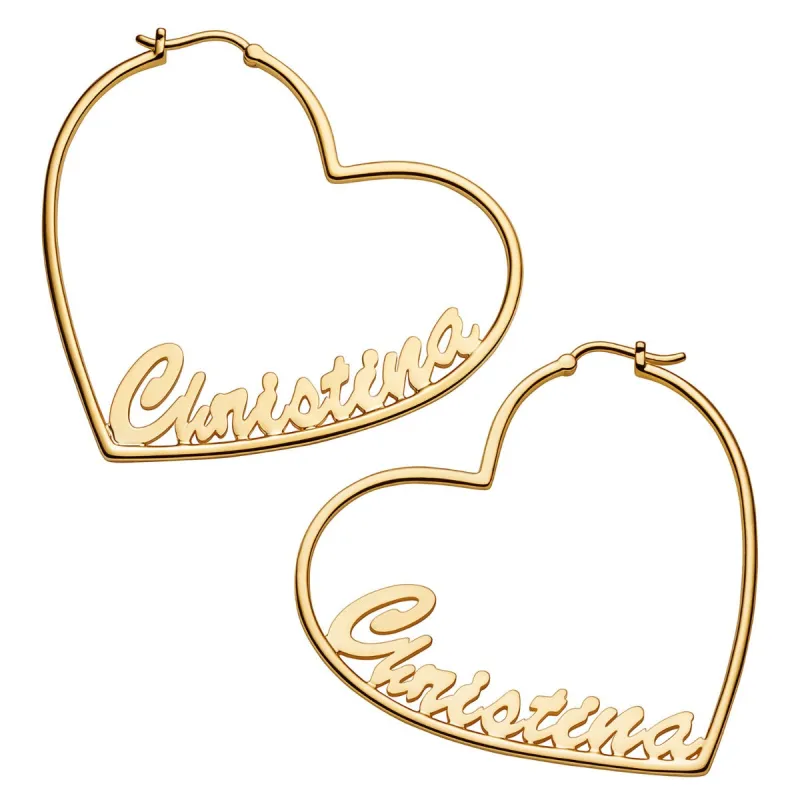 14K Gold Plated Personalized Script Nameplate Medium Heart Hoop Earrings sold by Limoges Jewelry