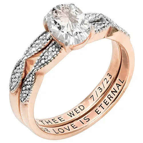 14K Rose Gold over Sterling Oval White Topaz Diamond Accent 2-Piece Engraved Wedding Ring Set sold by Limoges Jewelry product image thumbnail 3