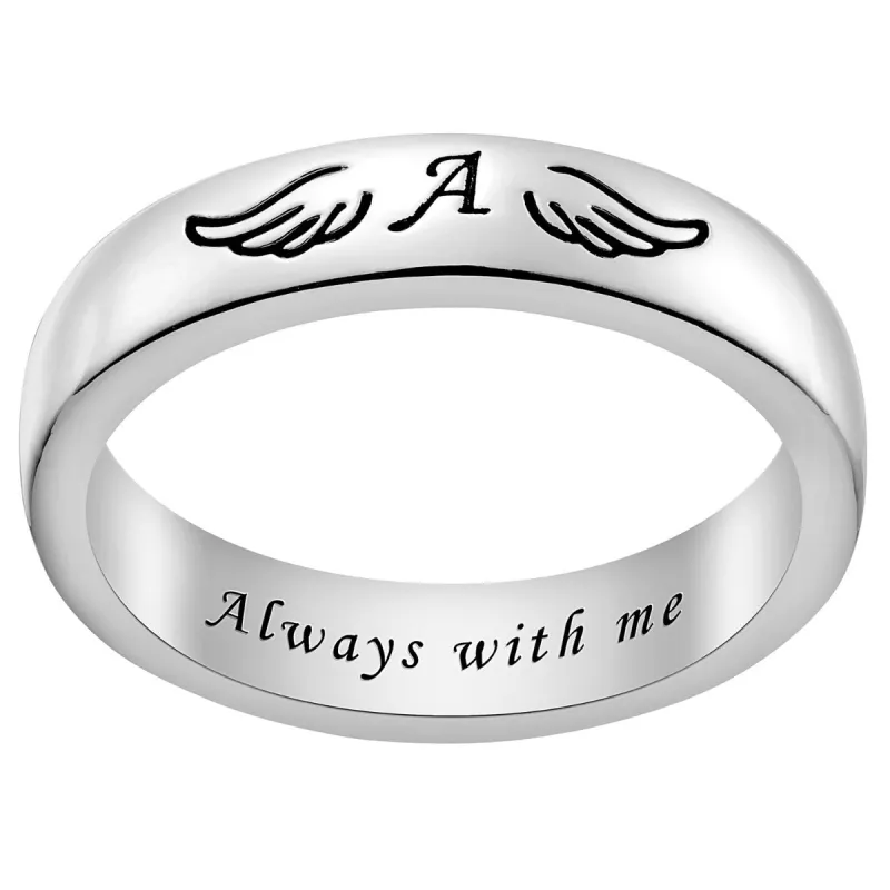 Silver Plated Initial and Angel Wing Memorial Ring sold by Limoges Jewelry