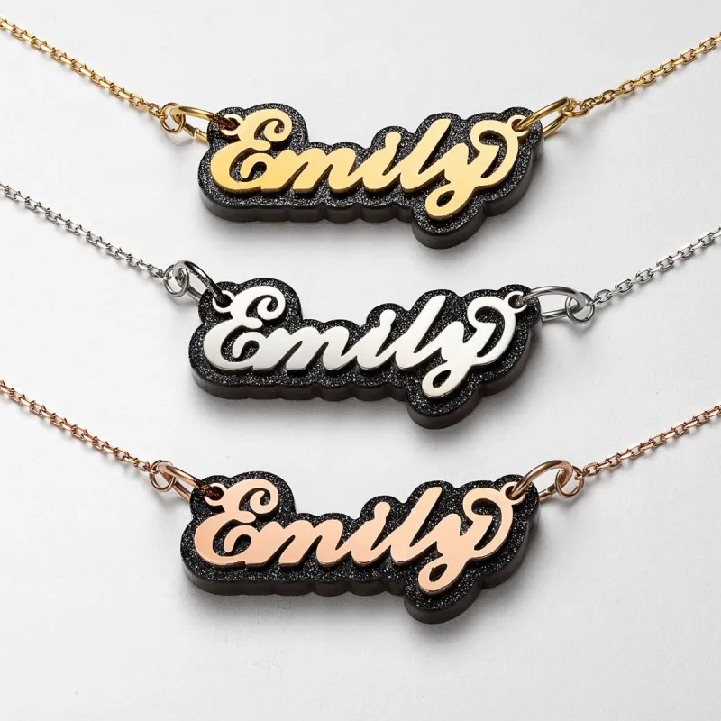 Stainless Steel Name On Glittery Black Plaque Necklace sold by Limoges Jewelry