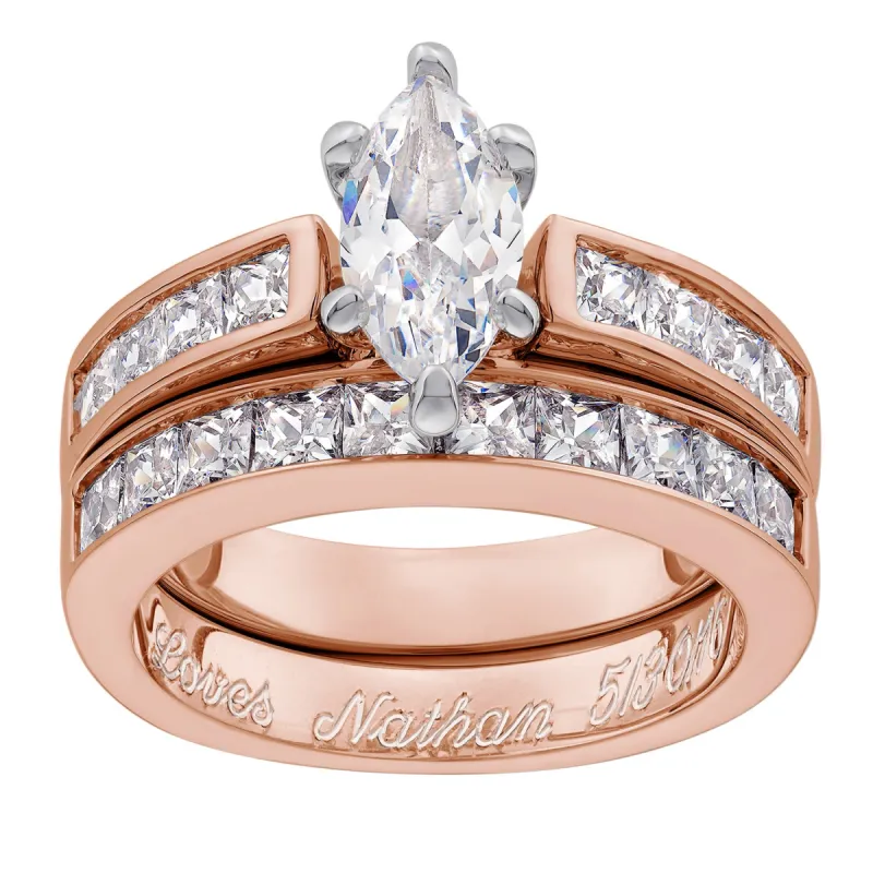 14K Rose Gold over Sterling Sparkling Marquise Wedding Ring Set sold by Limoges Jewelry