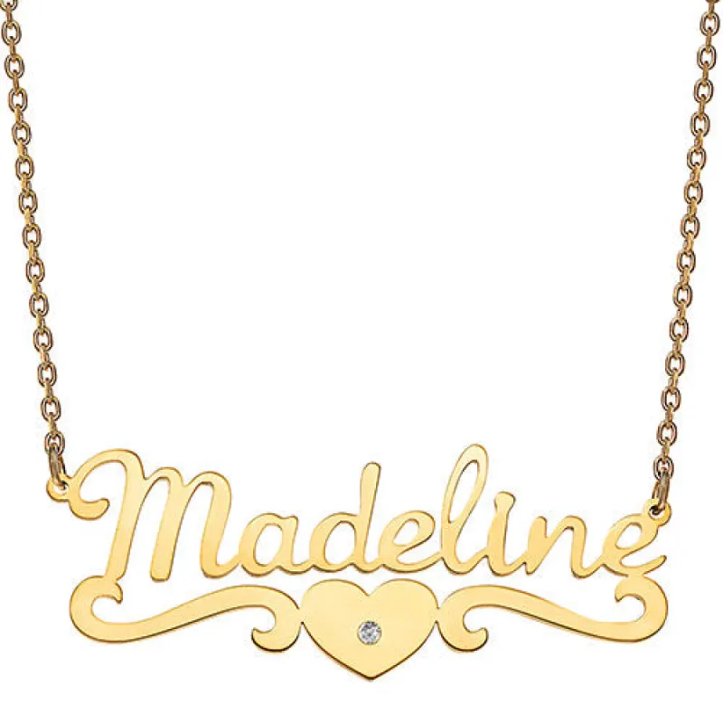10K Yellow Gold Script Name with CZ Heart Scroll Necklace sold by Limoges Jewelry