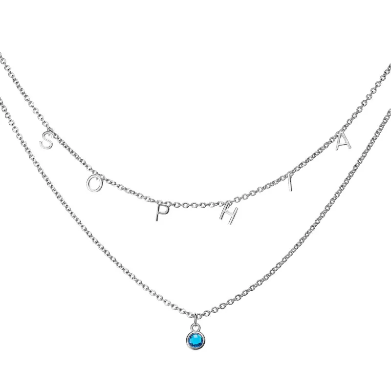 Silver Plated Birthstone and Dainty Letters Layered Name Necklaces sold by Limoges Jewelry