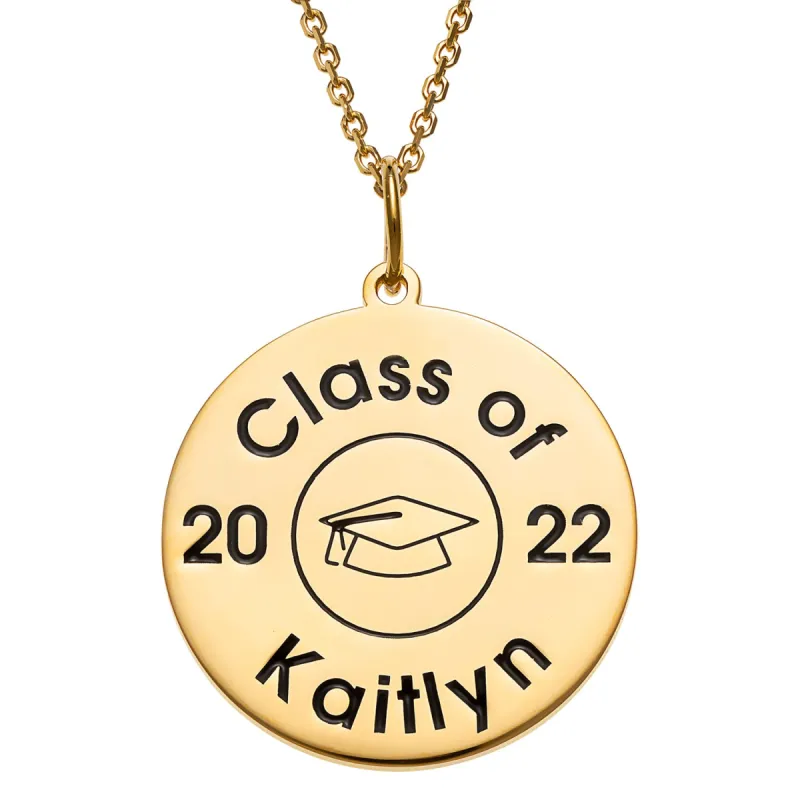 14K Gold over Sterling Engraved Graduation Disc Necklace with Grad Cap sold by Limoges Jewelry