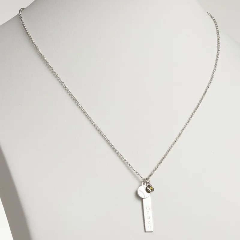 Silver Plated Name Necklace with Baseball Charm and Birthstone Dangle sold by Limoges Jewelry