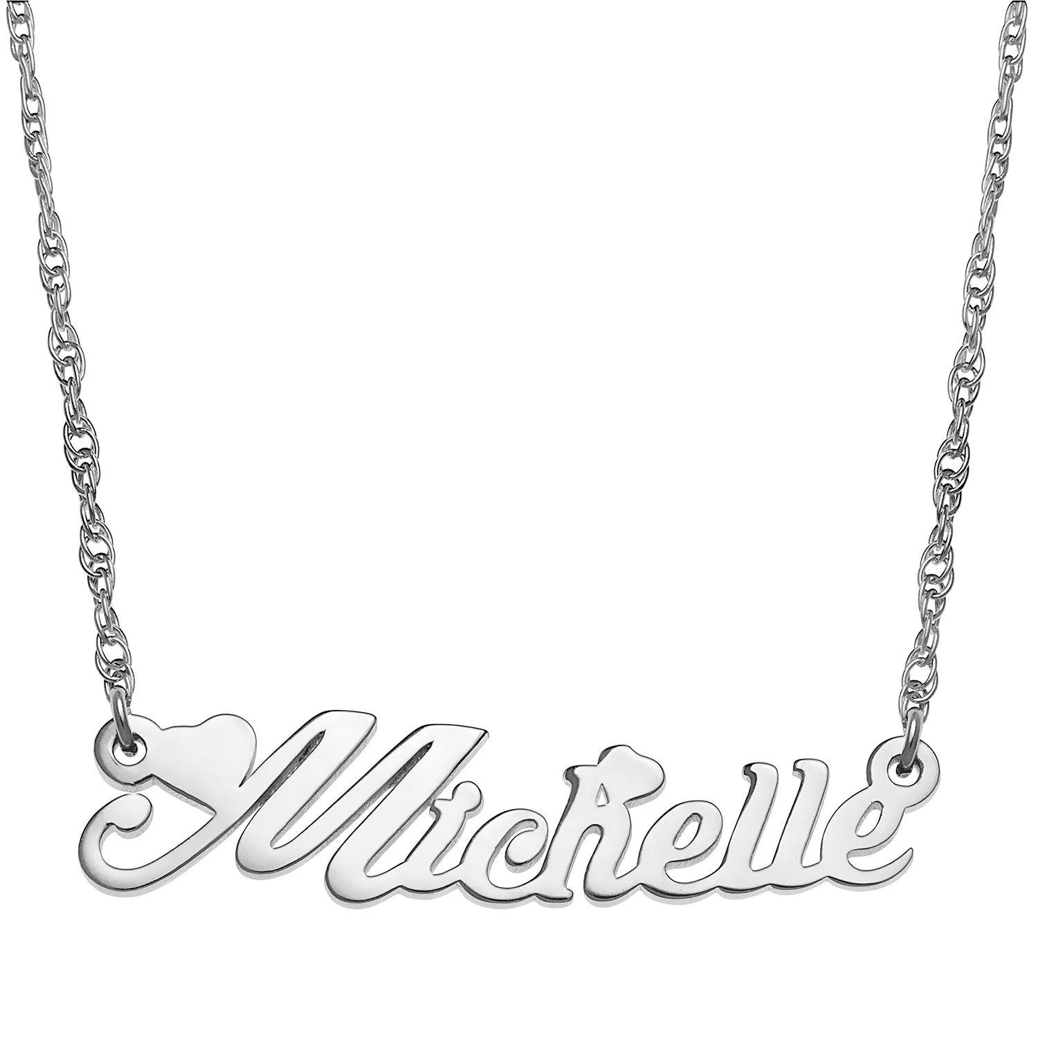 Sterling Silver Script Name with Hearts Necklace sold by Limoges Jewelry