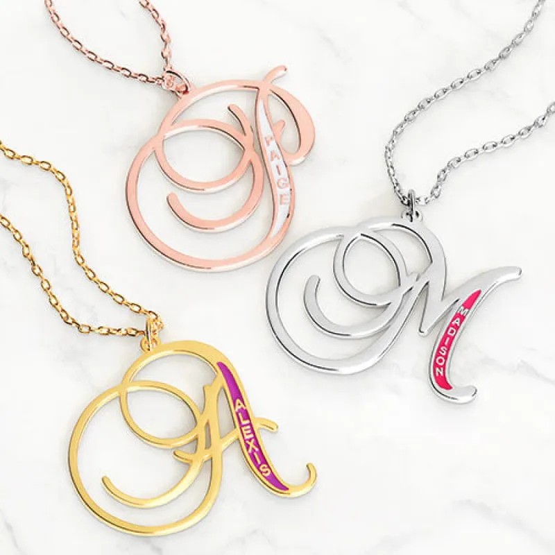 Fancy Script Initial with Enamel Name Necklace sold by Limoges Jewelry
