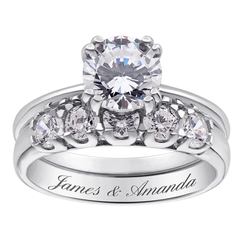 Sterling Silver CZ 2-Piece Engraved Wedding Ring Set sold by Limoges Jewelry