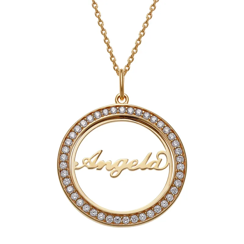 14K Gold over Sterling  Open Circle Name with CZ Necklace sold by Limoges Jewelry