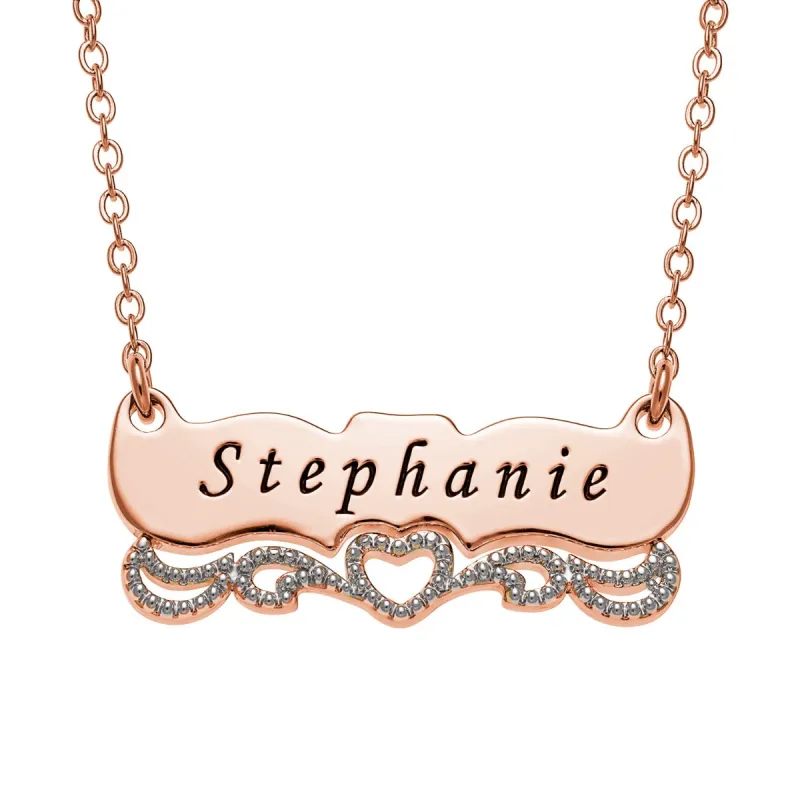 Two Tone Engraved Name with Heart Scroll Plaque Necklace sold by Limoges Jewelry