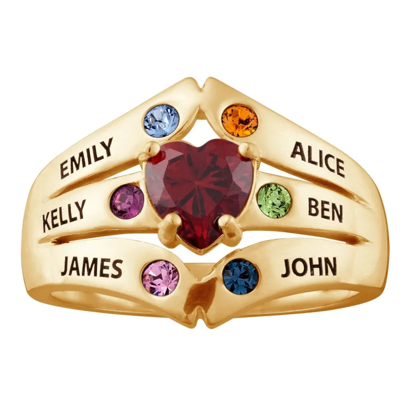 14K Gold over Sterling Mother's Heart Birthstone Family Name Ring sold by Limoges Jewelry