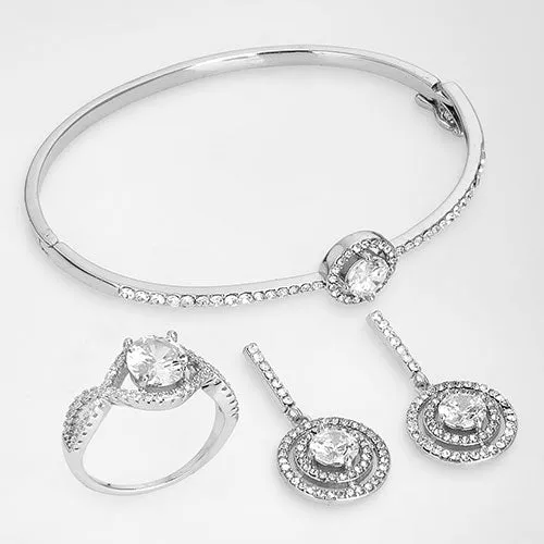Silvertone CZ Dangle Earrings, Ring, and Cuff Bracelet Set sold by Limoges Jewelry