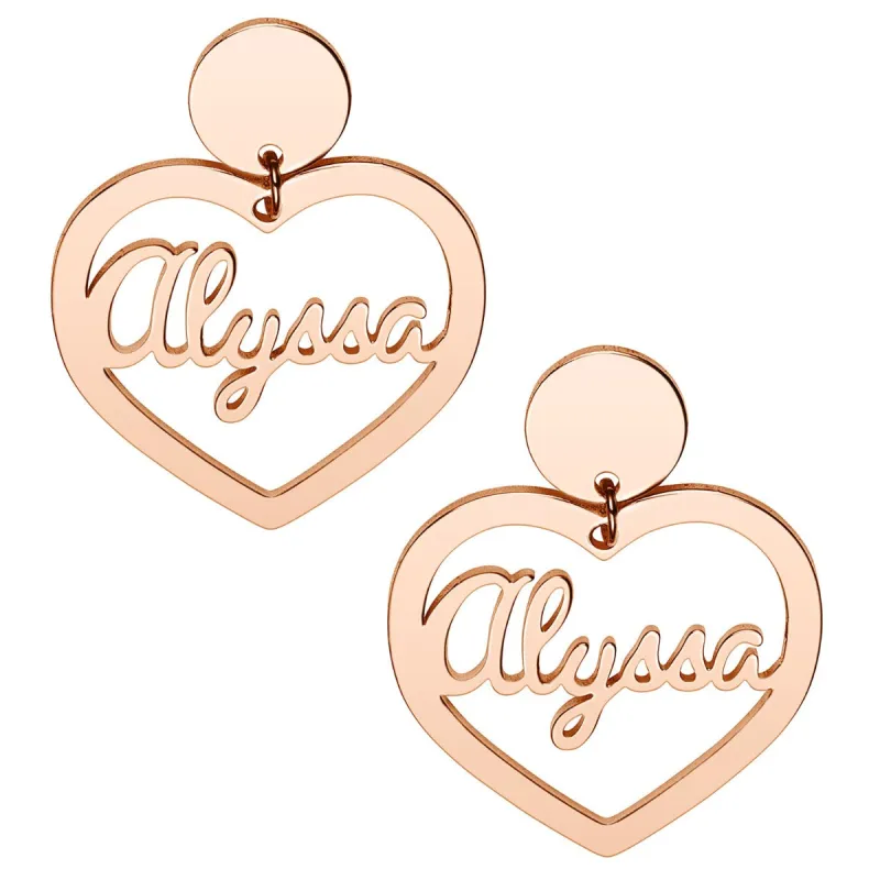 14K Rose Gold Plated Script Name Heart with Circle Dangle Earrings sold by Limoges Jewelry