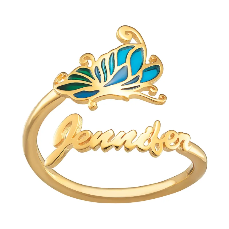 14K Gold Plated Script Name Bypass Ring with Multicolor Blue Enamel Butterfly sold by Limoges Jewelry