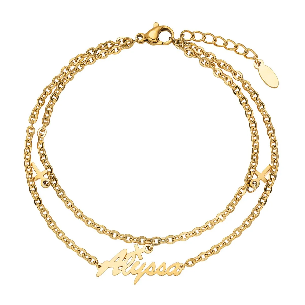 Gold Stainless Steel Double Chain Cross Charm and Name Bracelet sold by Limoges Jewelry