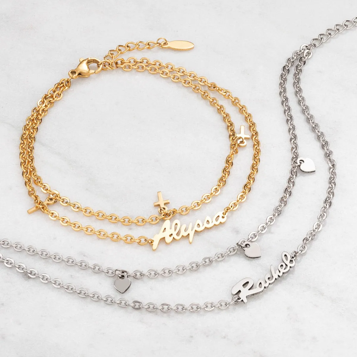 Gold Stainless Steel Double Chain Cross Charm and Name Bracelet sold by Limoges Jewelry product image thumbnail 3