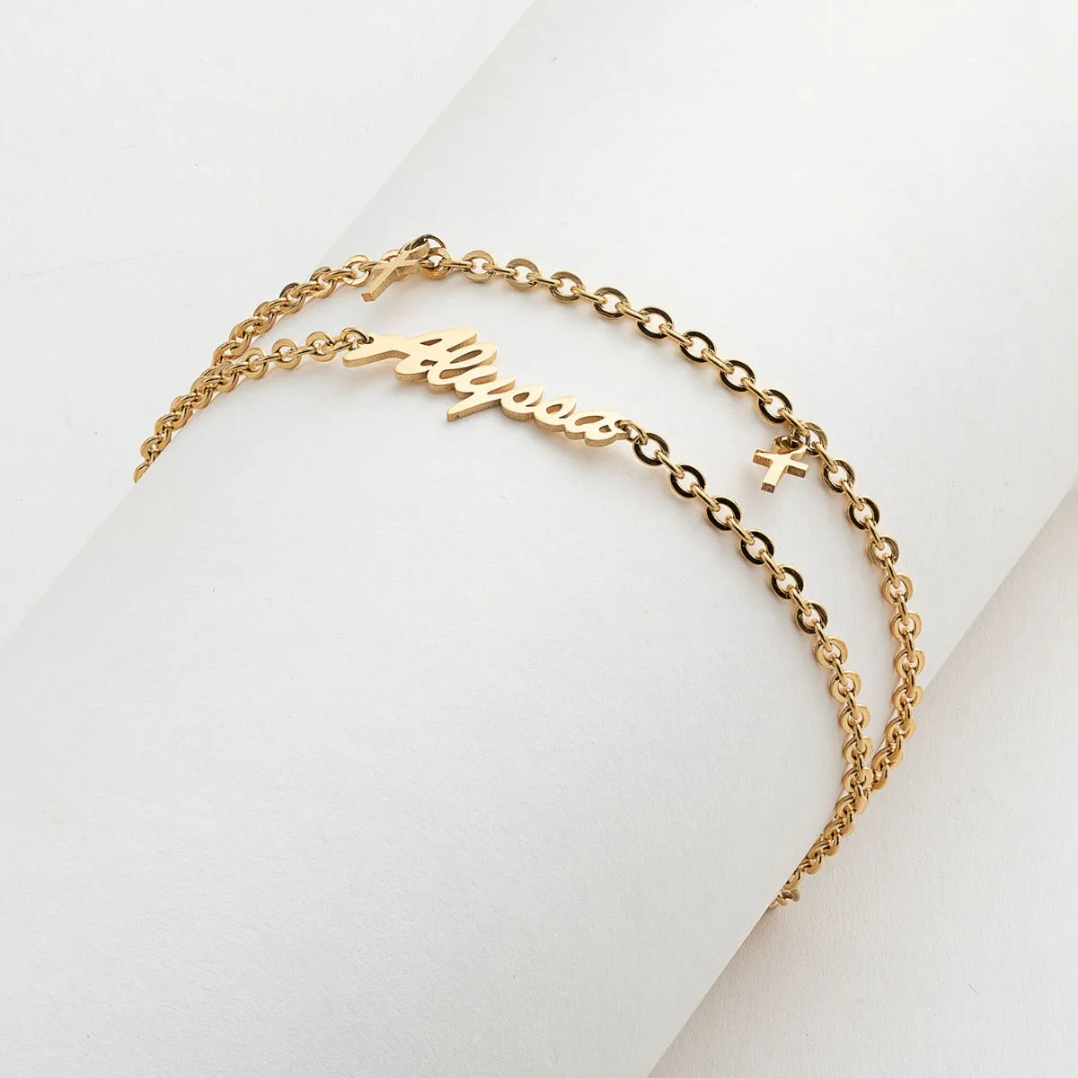 Gold Stainless Steel Double Chain Cross Charm and Name Bracelet sold by Limoges Jewelry product image thumbnail 2