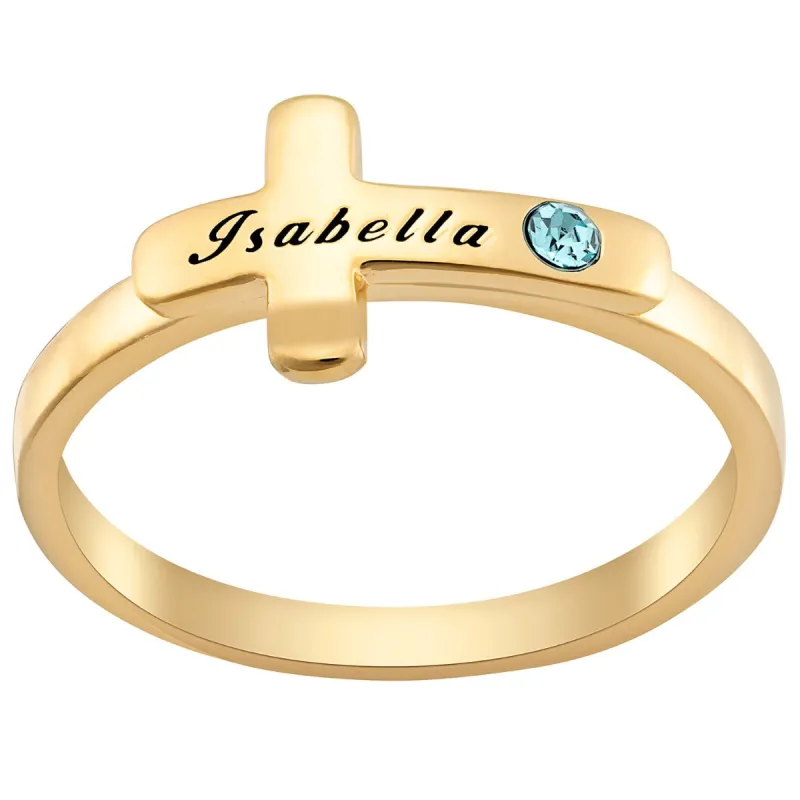 14K Gold Plated Engraved Name and Birthstone Cross Ring sold by Limoges Jewelry