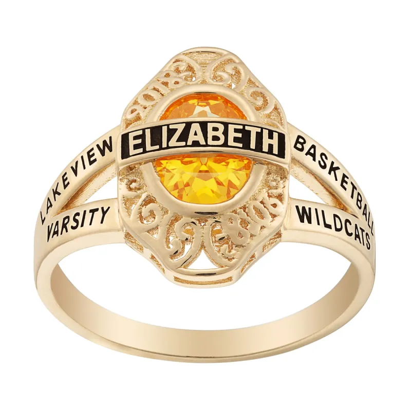 14K Gold over Sterling Bridged Birthstone Class Ring with Filigree Hidden Year sold by Limoges Jewelry