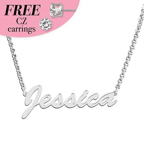 Sterling Silver Hollywood Script Name with Free CZ Earrings sold by Limoges Jewelry