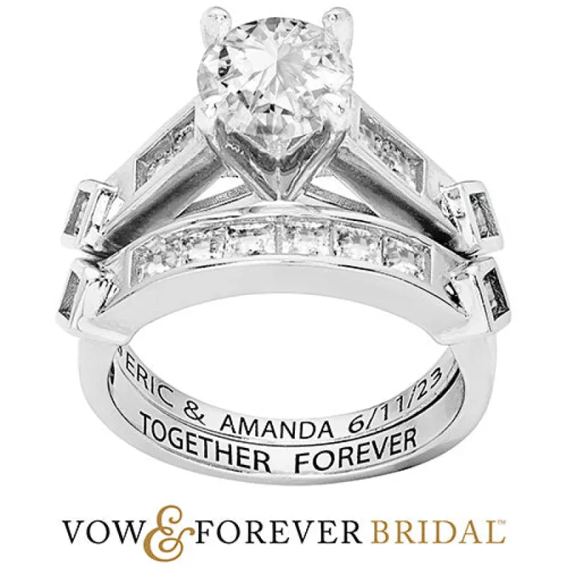 Platinum over Sterling Brilliant White Topaz 2 Piece Engraved Wedding Set sold by Limoges Jewelry