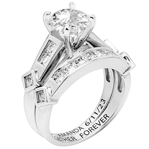 Platinum over Sterling Brilliant White Topaz 2 Piece Engraved Wedding Set sold by Limoges Jewelry product image thumbnail 2