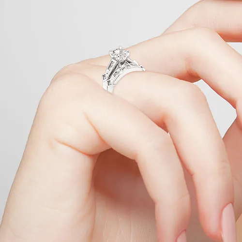 Platinum over Sterling Brilliant White Topaz 2 Piece Engraved Wedding Set sold by Limoges Jewelry product image thumbnail 3