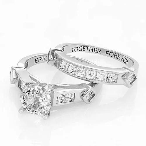 Platinum over Sterling Brilliant White Topaz 2 Piece Engraved Wedding Set sold by Limoges Jewelry product image thumbnail 4