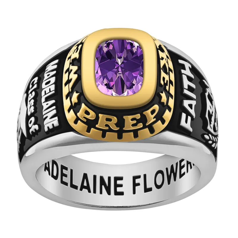Ladies' Sterling Silver and 14K Gold Plated Traditional Birthstone Class Ring sold by Limoges Jewelry