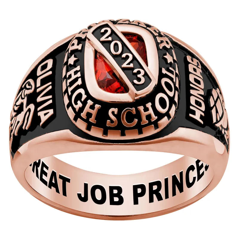 Ladies' Rose Gold Over Celebrium Bridge Birthstone Class Ring sold by Limoges Jewelry