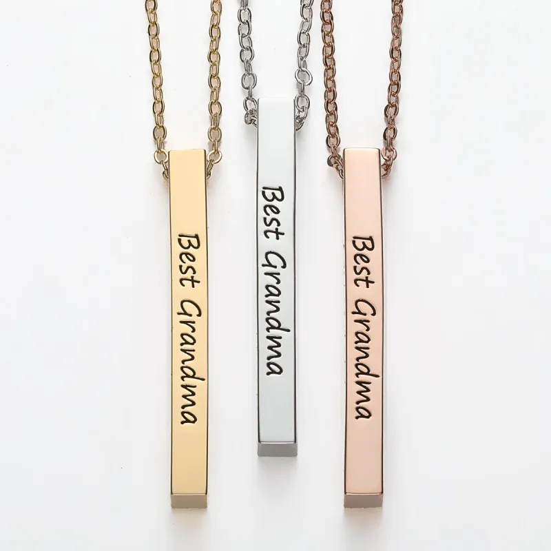 Vertical 4-sided Bar 'Best Grandma' Engraved Family Name Necklace sold by Limoges Jewelry