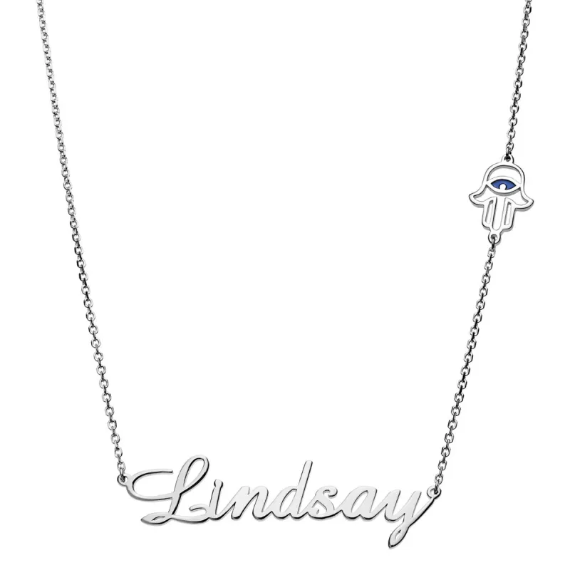 Silver Plated Script Name with Hamsa Hand Station Necklace sold by Limoges Jewelry